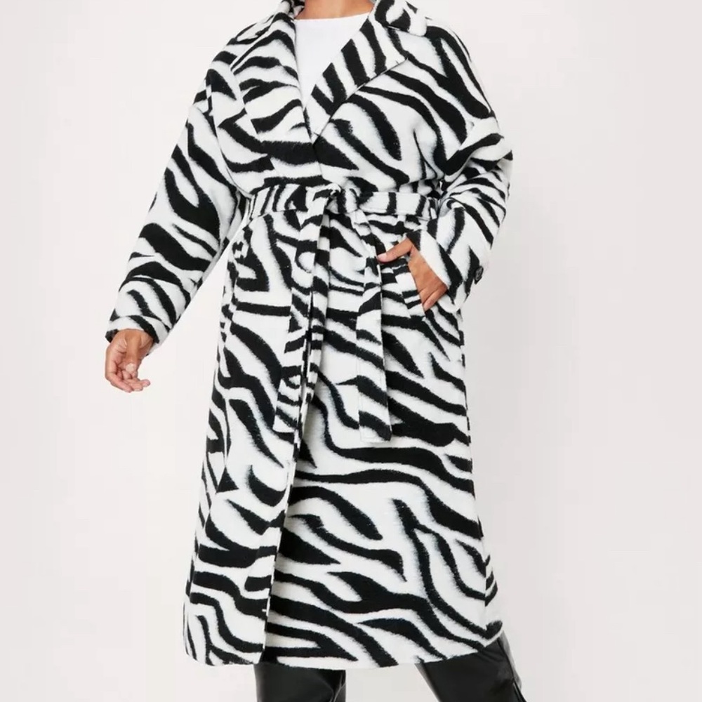 Plus Size Zebra Print Belted Midi Coat